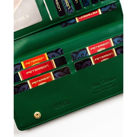 Zielony portfel damski ze skóry ekologicznej zamykany na zatrzask i suwak - Peterson