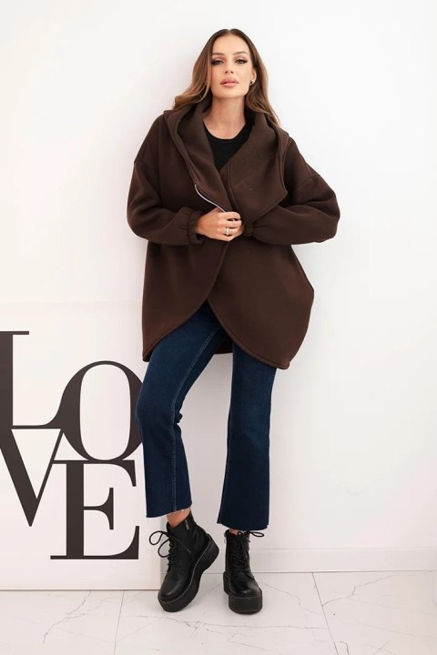 Bluza damska ocieplana z kapturem i asymetrycznym zamkiem brązowa