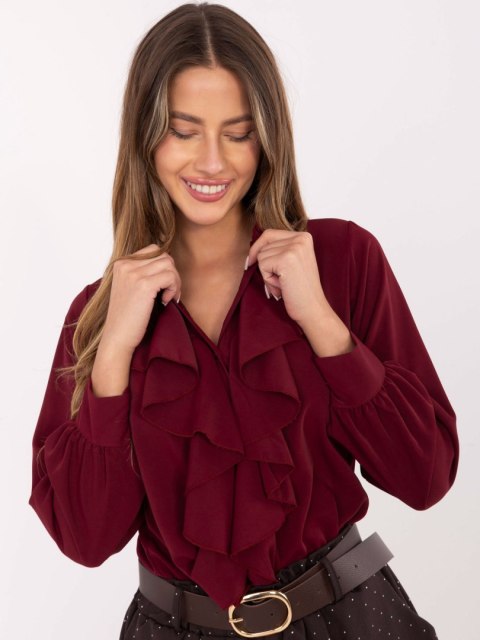 Bordowa elegancka koszula damska z falbaną – ITALY MODA