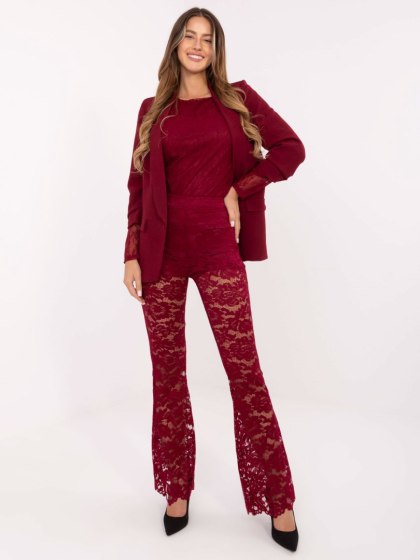 Bordowe koronkowe spodnie z wysokim stanem | ITALY MODA