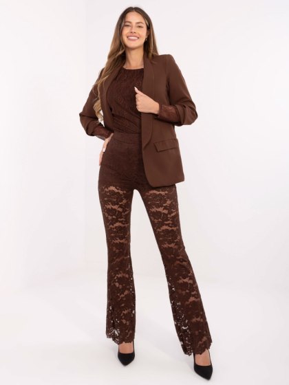 Brązowe koronkowe spodnie dzwony z wysokim stanem | ITALY MODA