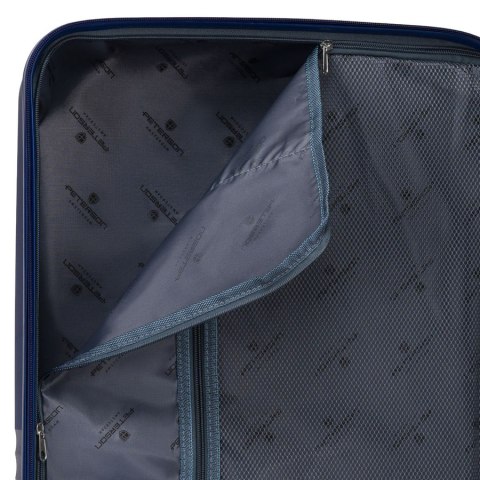 Granatowa walizka podróżna w średnim rozmiarze z teleskopowym uchwytem i kółkami obrotowymi - Peterson