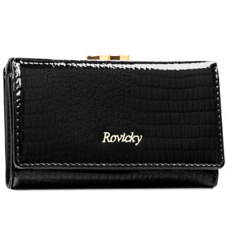 Średni portfel damski ze skóry naturalnej w czarnym kolorze zamykany na bigiel i zatrzask - Rovicky