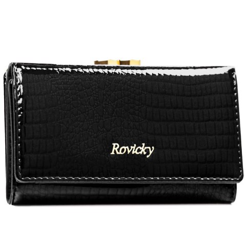 Średni portfel damski ze skóry naturalnej w czarnym kolorze zamykany na bigiel i zatrzask - Rovicky