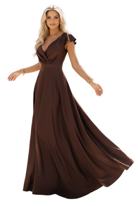 411-15 CRYSTAL satynowa długa suknia z dekoltem - czekoladowa - L