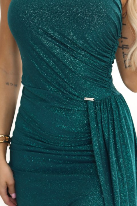 600-2 SELENA połyskująca długa sukienka na jedno ramię z rozcięciem - zielona z brokatem - S