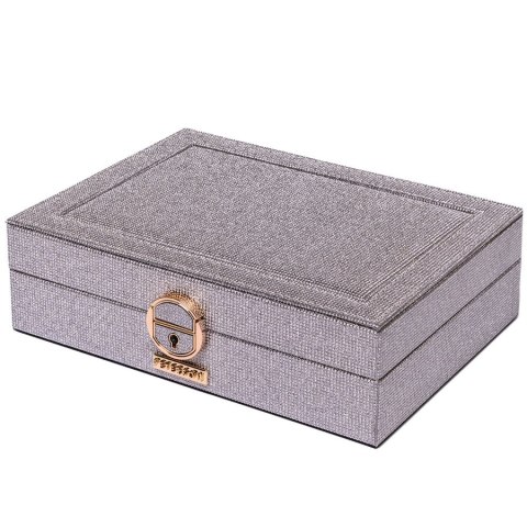 Srebrna szkatułka na biżuterię z dedykowanym miejscem na zegarek, zamykana kluczykiem i zatrzaskiem - Peterson