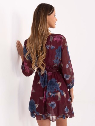 Bordowa rozkloszowana sukienka w kwiaty z falbaną – ITALY MODA
