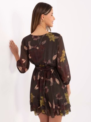 Ciemnozielona rozkloszowana sukienka z falbaną i kwiatowym wzorem – ITALY MODA