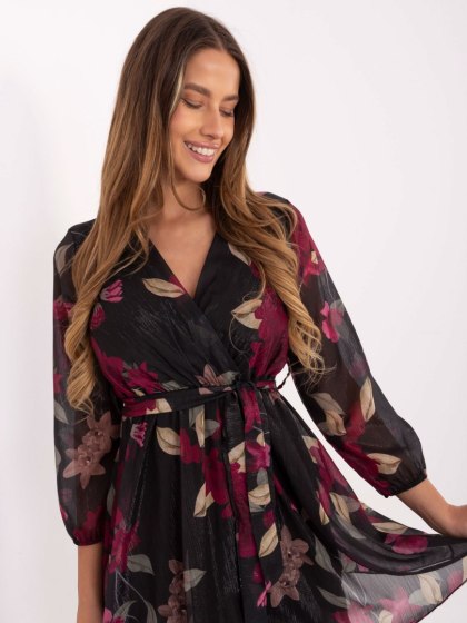 Czarna mini sukienka w kwiaty z falbaną – ITALY MODA