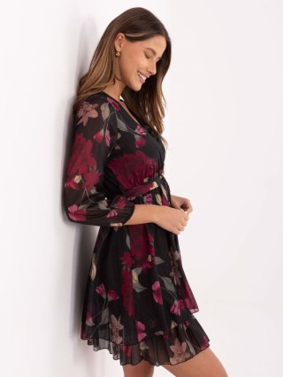 Czarna mini sukienka w kwiaty z falbaną – ITALY MODA