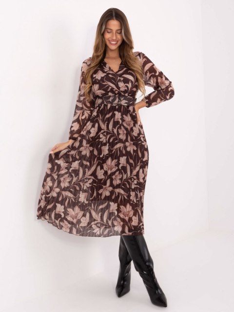 Brązowa plisowana sukienka midi w kwiaty Italy Moda – Stylowy Wieszak