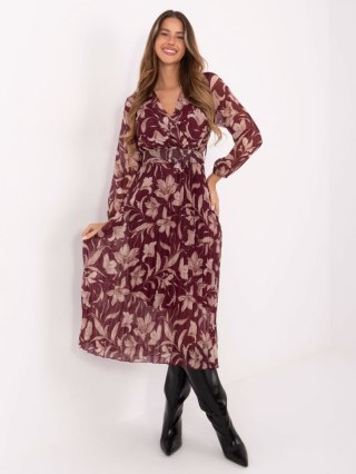 Burgundowa rozkloszowana sukienka z paskiem – Italy Moda