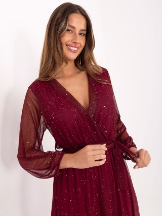 Bordowa błyszcząca sukienka z kopertowym dekoltem – ITALY MODA