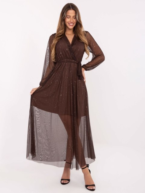 Brązowa sukienka maxi ITALY MODA z aplikacjami – Stylowy Wieszak