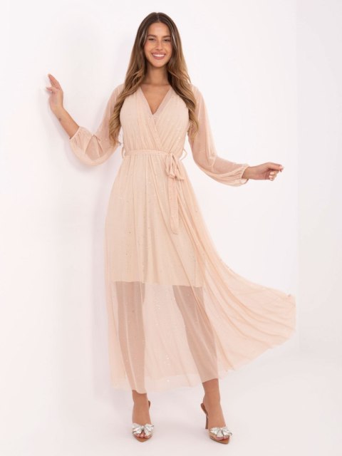 Jasnobeżowa sukienka maxi ITALY MODA z paskiem – Stylowy Wieszak