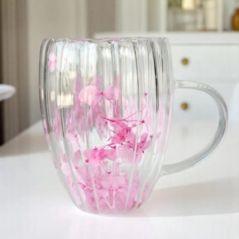 Szklanka termiczna 300 ml ryflowana z różową gipsówką – szkło boro-krzemowe SZK157