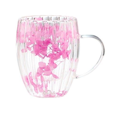 Szklanka termiczna 300 ml ryflowana z różową gipsówką – szkło boro-krzemowe SZK157