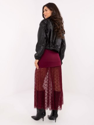 Burgundowa Spódnica z Koronkowym Dołem i Guzikami ITALY MODA