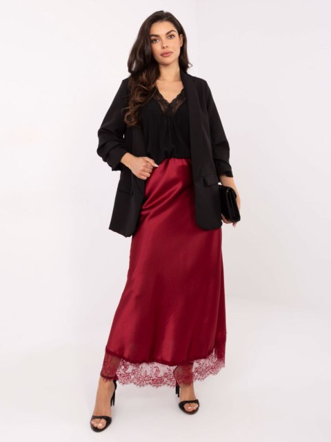 Bordowa satynowa spódnica RUE PARIS z koronkowym wykończeniem