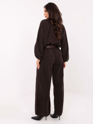 Czekoladowe sztruksowe spodnie wide leg z gumką w pasie | ITALY MODA