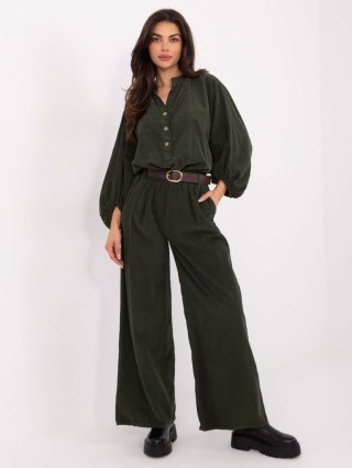 Khaki sztruksowe spodnie wide leg z paskiem | ITALY MODA