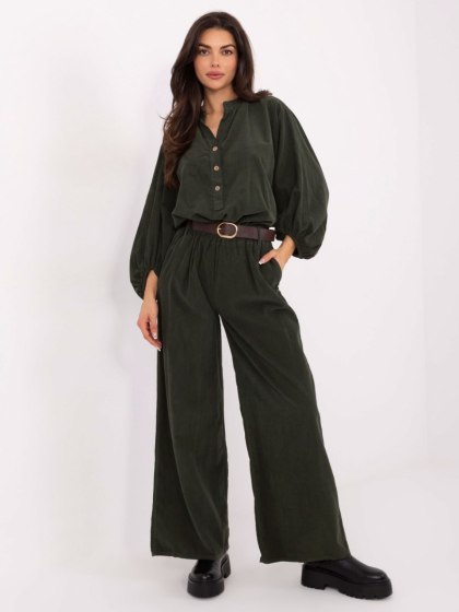 Khaki sztruksowe spodnie wide leg z paskiem | ITALY MODA