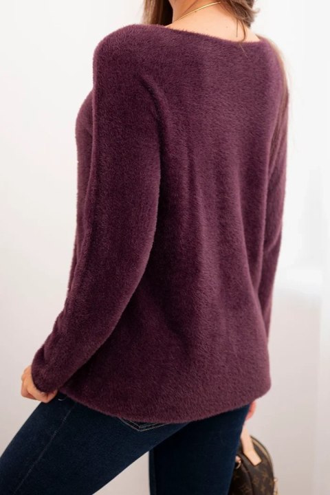 Sweter damski z miękkiej dzianiny z okrągłym dekoltem śliwkowy