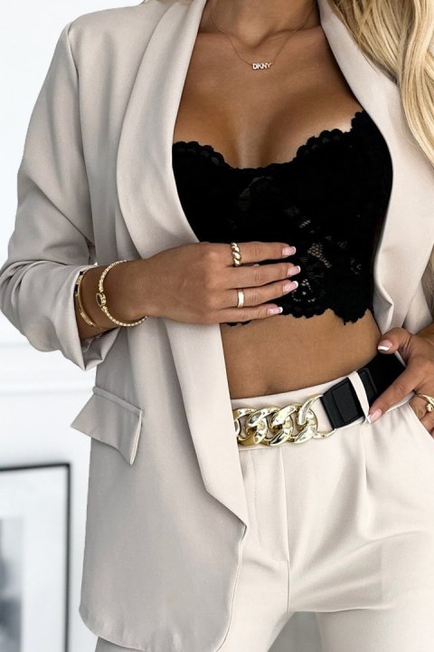 492-1 Elegancki komplet - marynarka i spodnie z paskiem - BEŻ - L