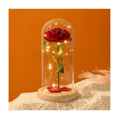 Kryształowa wieczna róża pojedyncza pod szklaną kopułą LED ROZ15