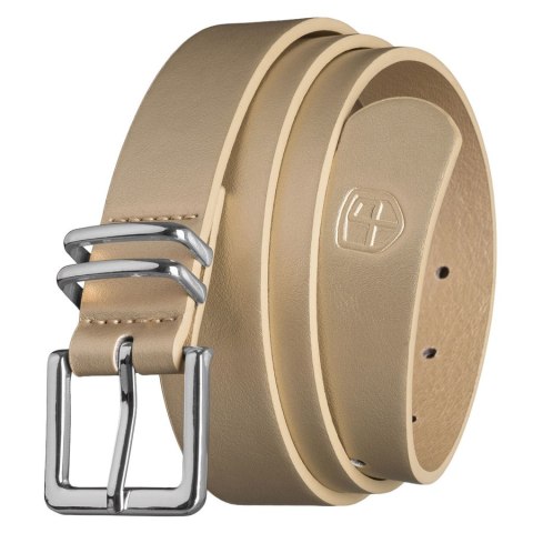 Beżowy pasek damski ze skóry ekologicznej ze srebrną, klasyczną klamrą - Peterson Beżowy pasek damski ze skóry ekologicznej ze srebrną, klasyczną klamrą - Peterson