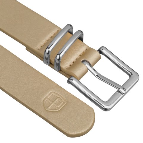 Beżowy pasek damski ze skóry ekologicznej ze srebrną, klasyczną klamrą - Peterson Beżowy pasek damski ze skóry ekologicznej ze srebrną, klasyczną klamrą - Peterson
