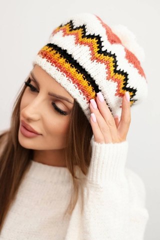 Czapka Damska Zimowa Wełniana z Pomponem i Kolorowym Wzorem K435 Ruda + Ecru