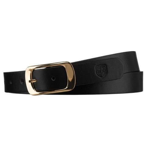 Czarny, wąski pasek damski ze skóry ekologicznej ze złotą klamrą - Peterson