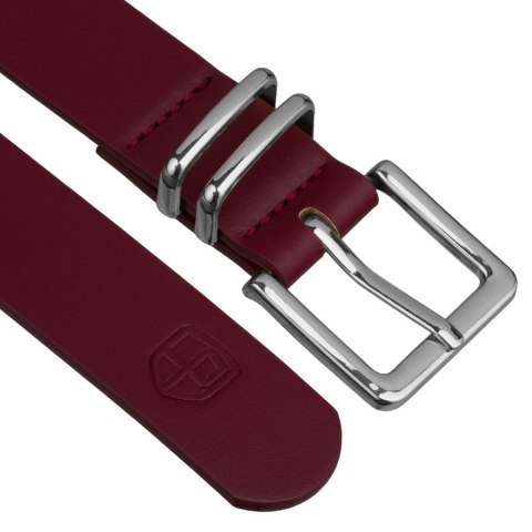 Pasek damski ze skóry ekologicznej w burgundowym kolorze ze srebrną klamrą - Peterson