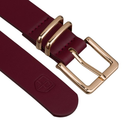 Pasek damski ze skóry ekologicznej w pięknym, burgundowym kolorze ze złotą klamrą - Peterson
