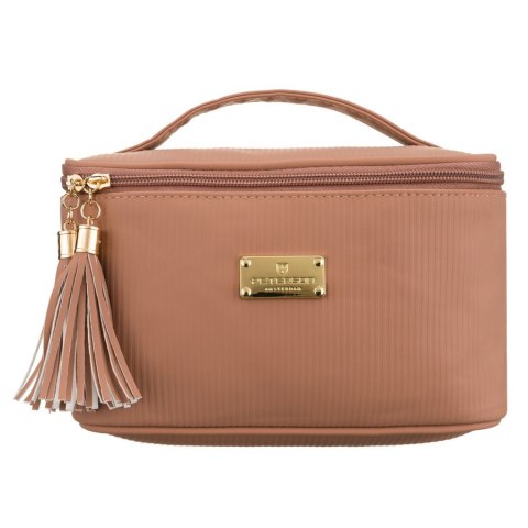 Praktyczna kosmetyczka z tkaniny syntetycznej w beżowym kolorze, jednokomorowa - Peterson