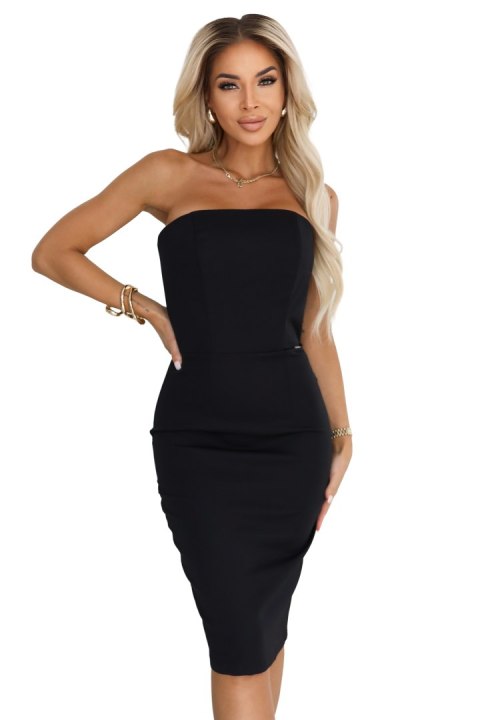 642-1 Gorsetowa ołówkowa sukienka midi z odkrytymi ramionami - czarna - L