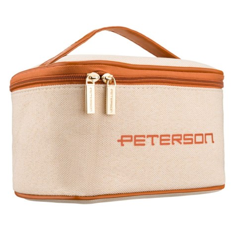Beżowo-brązowa kosmetyczka z tkaniny syntetycznej wyposażona w uchwyt, zamykana suwakiem - Peterson