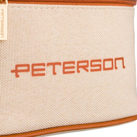 Beżowo-brązowa kosmetyczka z tkaniny syntetycznej wyposażona w uchwyt, zamykana suwakiem - Peterson