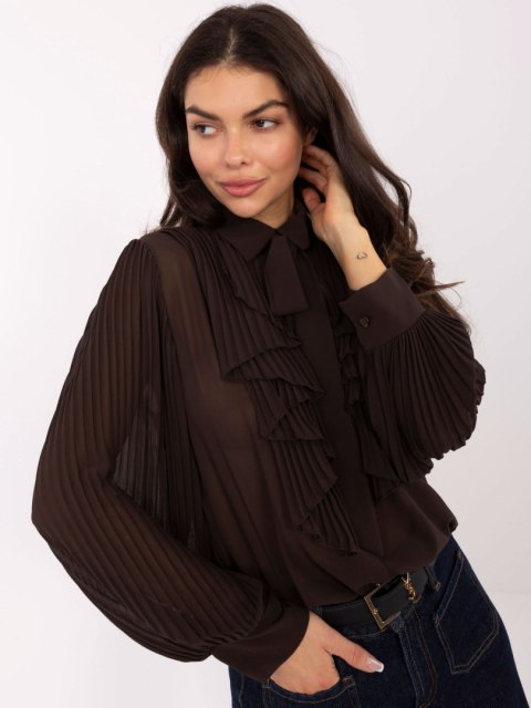 Koszula czekoladowa Italy Moda z falbanami i wiązaniem pod szyją