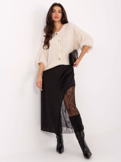 Czarna Satynowa Spódnica Midi z Koronką RUE PARIS | Stylowy Wieszak