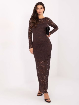 Czekoladowa koronkowa sukienka maxi z długim rękawem | RUE PARIS