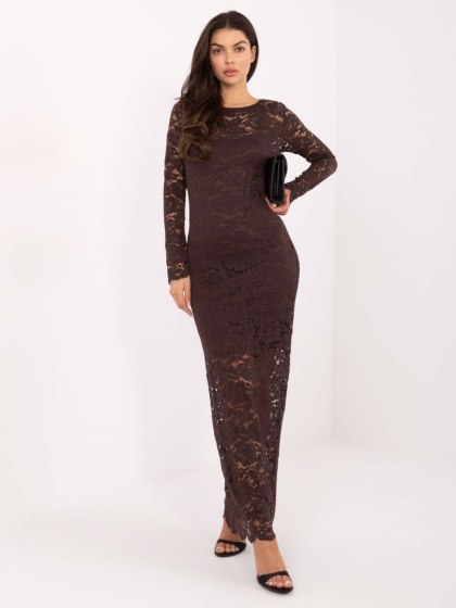 Czekoladowa koronkowa sukienka maxi z długim rękawem | RUE PARIS