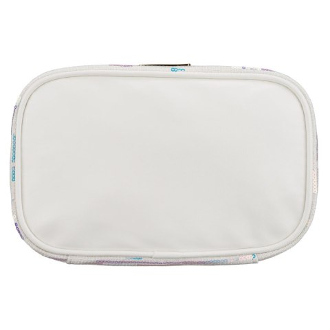 Biała kosmetyczka z tkaniny syntetycznej ozdobiona cekinami, wyposażona w wygodny uchwyt - Peterson