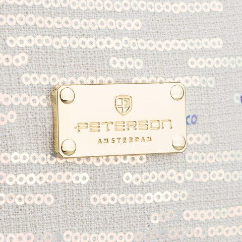 Biała kosmetyczka z tkaniny syntetycznej ozdobiona cekinami, wyposażona w wygodny uchwyt - Peterson