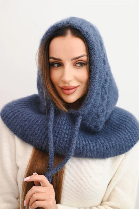 Jeansowy kaptur damski z warkoczowym splotem i wiązaniem – Stylowy Wieszak