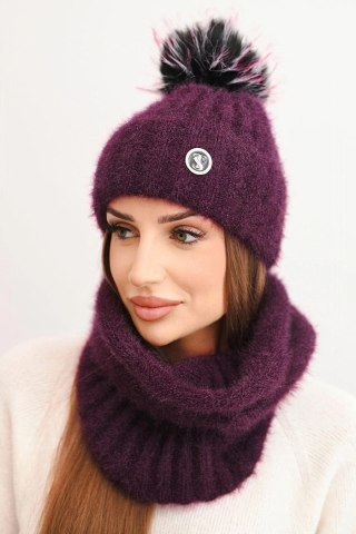 Komplet damski zimowy z pomponem i kominem – śliwkowy