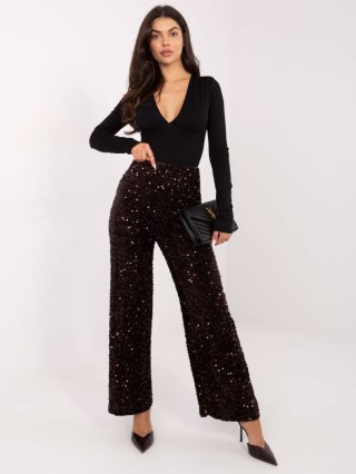 Ciemnobrązowe Wizytowe Spodnie Damskie z Cekinami ITALY MODA – Eleganckie, Wysoki Stan | Stylowy Wieszak