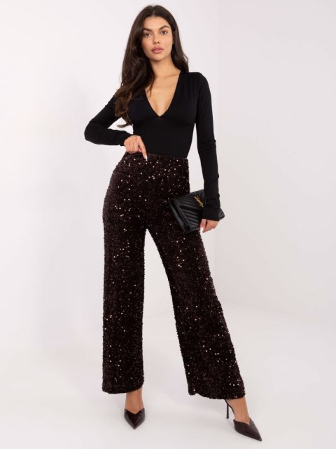 Ciemnobrązowe wizytowe spodnie damskie z cekinami ITALY MODA